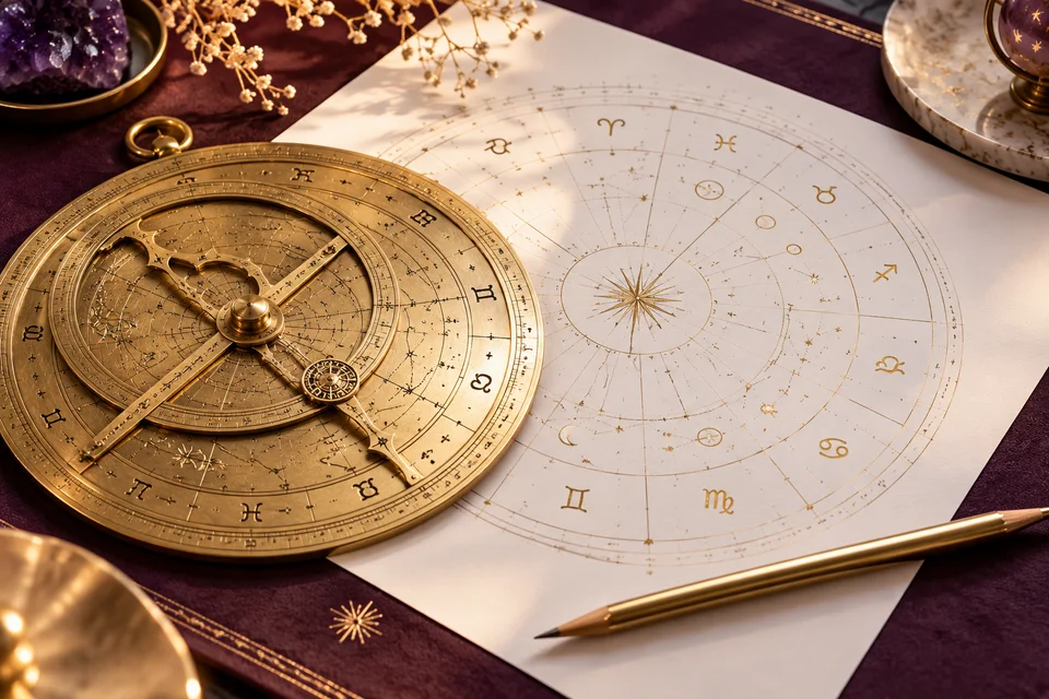 KI-generiertes Symbolbild mit goldenem Astrolabium und Horoskopzeichnung