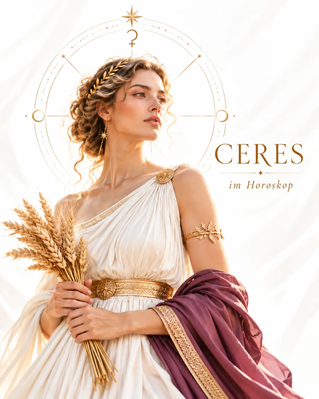 KI-generiertes Motiv zum Workshop Ceres im Horoskop mit einer Frau in antikem Gewand, die Weizenähren hält