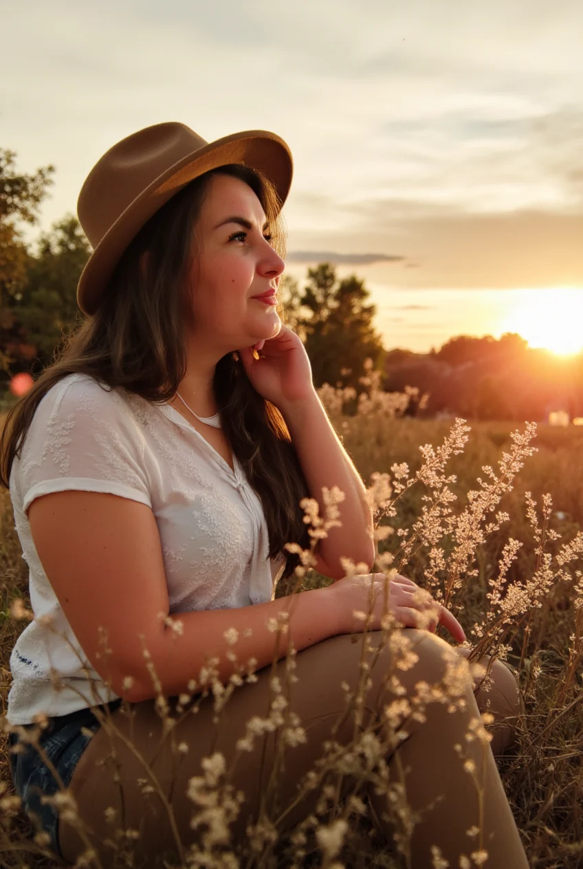 Helena Pris mit Hut bei Sonnenuntergang