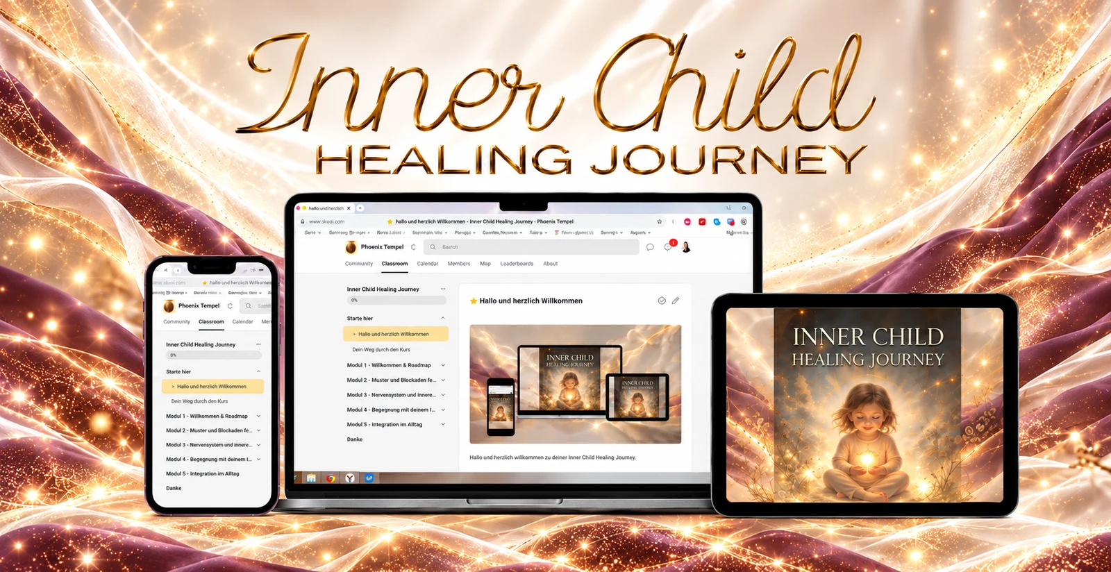 KI-generiertes Kursmotiv Inner Child Healing Journey mit Laptop, Smartphone und Tablet